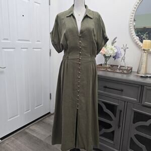 ZARA Olive Green Linen Blend Button Front Shirt Maxi Dress XXL Utility Resort